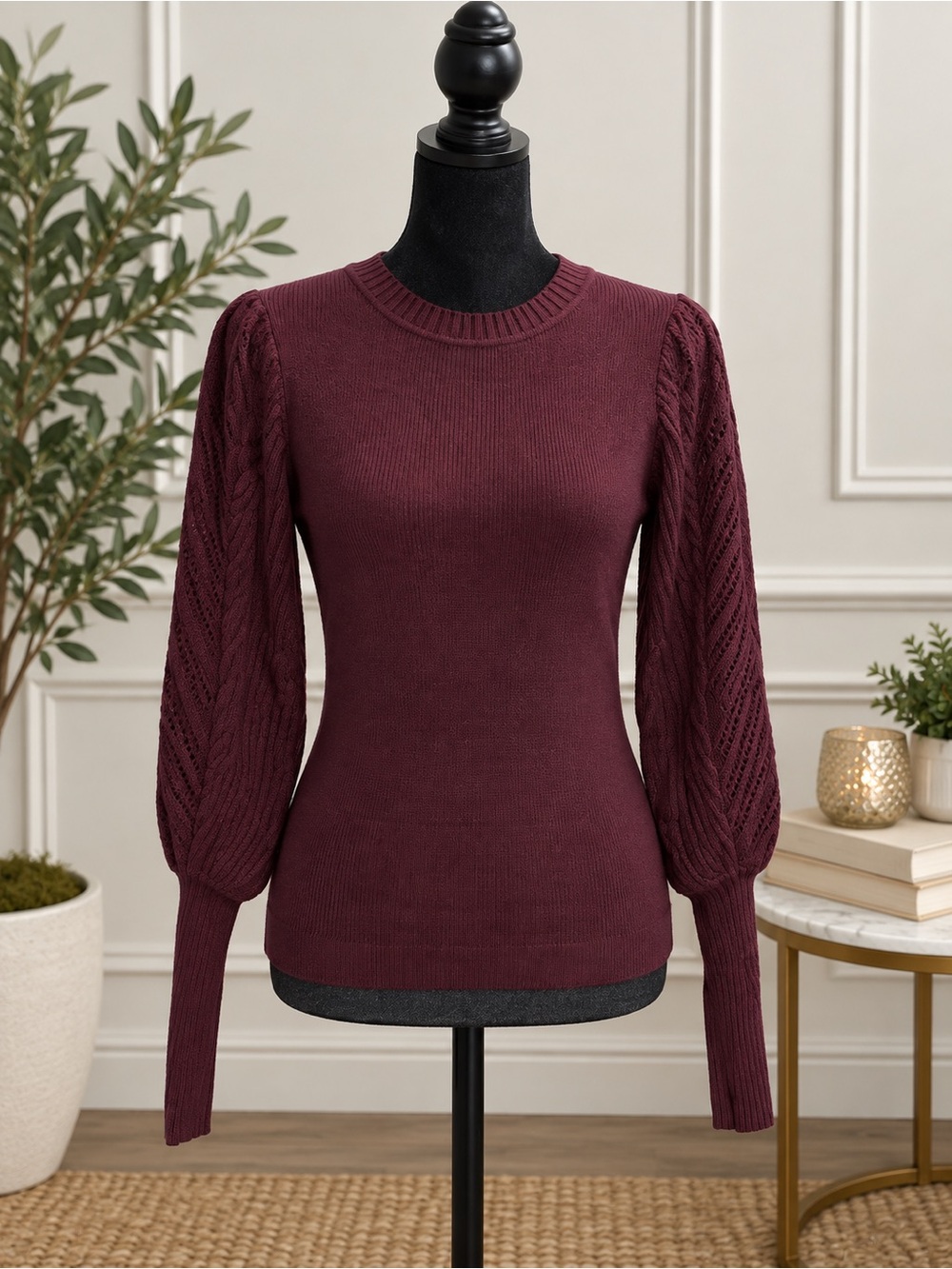 Express Burgundy Cable Knit Puff Sleeve Sweater Crewneck Long Cuff